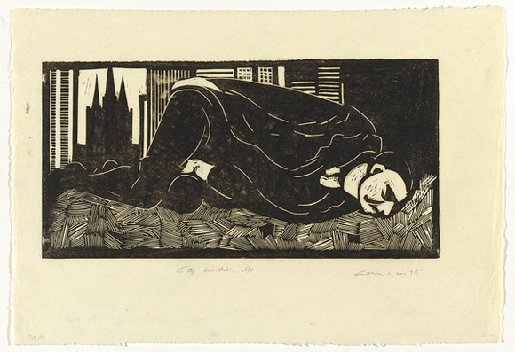 Artist: b'Counihan, Noel.' | Title: b'City.' | Date: 1978, August | Technique: b'linocut, printed in black ink, from one block'