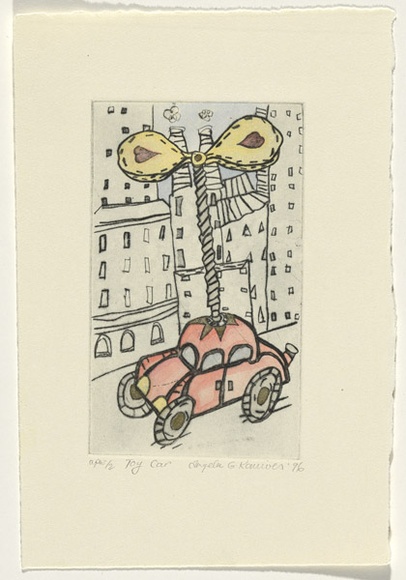 Artist: b'Komives, Angela.' | Title: b'Toy car' | Date: 1996, August | Technique: b'drypoint, printed in black ink from one plate; hand coloured'