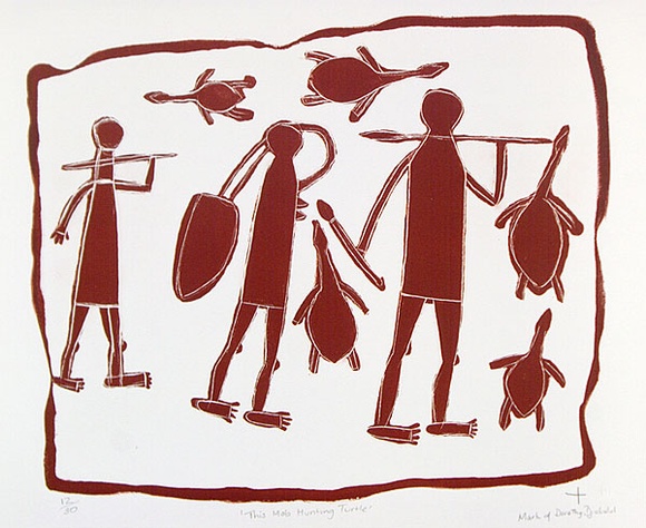 Artist: b'Djukulul, Dorothy.' | Title: b'This mob hunting turtle' | Date: c.1992 | Technique: b'lithograph, printed in brown ink, from one stone [or plate]'