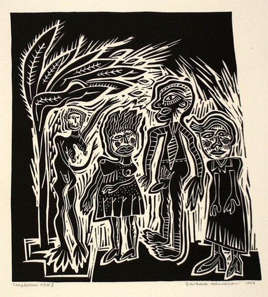 Artist: b'HANRAHAN, Barbara' | Title: b'Temptation' | Date: 1988 | Technique: b'linocut, printed in black ink, from one block'
