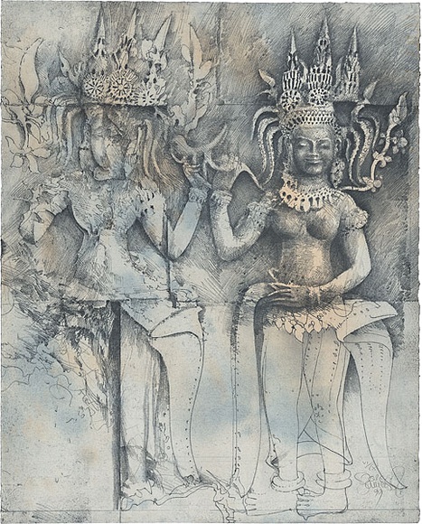Title: b'Angkor figures, and aging' | Date: 1999 | Technique: b'softground-etching, aquatint and spitbite, printed in colour, from two plates'
