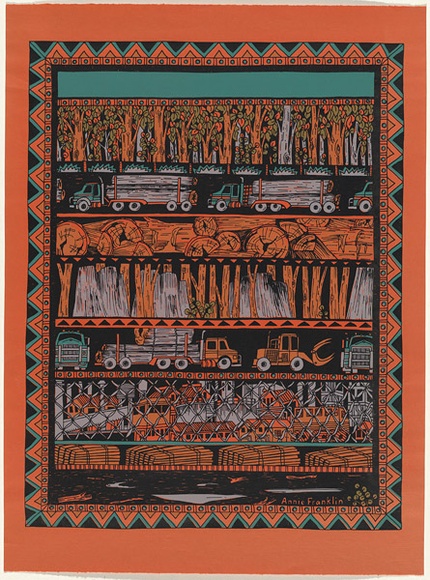 Artist: b'Franklin, Annie.' | Title: b'not titled [Logging forrests].' | Date: 1990s | Technique: b'screenprint, printed in colour, from four screens'