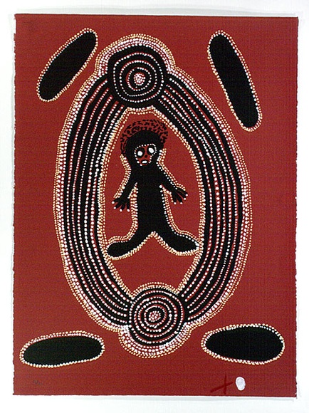 Artist: b'Tjungurrayi, Charlie Tararu.' | Title: b'Pankalanka Ogre at Ngurra Palangu' | Date: 1981 | Technique: b'screenprint, printed in colour, from multiple stencils'