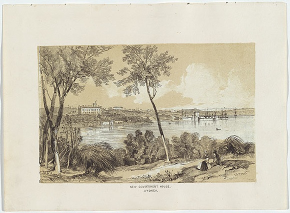 Artist: b'PROUT, John Skinner' | Title: b'New Government House, Sydney.' | Date: 1842 | Technique: b'lithograph, printed in colour, from two stones (black and brown tint stone); letterpress text'