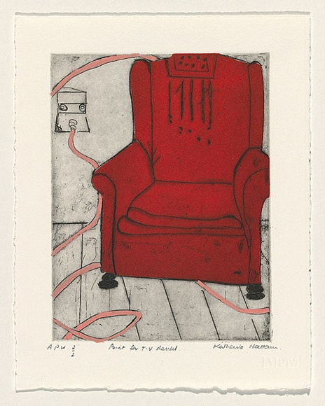Artist: b'Hattam, Katherine.' | Title: b'Point for TV aerial' | Date: 1999, October | Technique: b'etching, printed in colour in intaglio and relief, from one plate; hand-coloured'