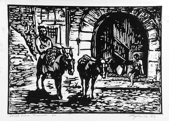Artist: b'Taylor, John H.' | Title: b'Street scene, Granada' | Date: 1973 | Technique: b'linocut, printed in black and grey ink, from two blocks' Artist: b'Taylor, John H.' | Title: b'Street scene, Granada' | Date: 1973 | Technique: b'linocut, printed in black and grey ink, from two blocks'