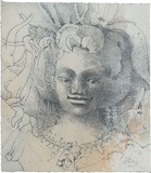 Title: Face of an Apsara | Date: 2001 | Technique: softground-etching, printed in blue/black ink, from one plate; hand-coloured