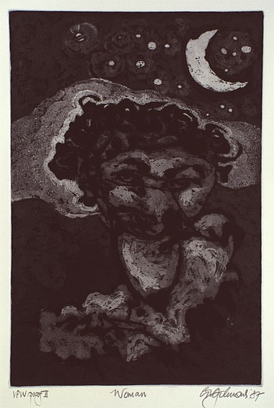 Artist: b'Gimour, Geoff.' | Title: b'Woman' | Date: 1987 | Technique: b'etching and aquatint, printed in dark brown ink, from one plate'