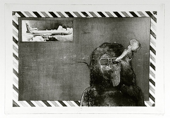 Artist: b'SHOMALY, Alberr' | Title: b'(Self-portrait with airliner)' | Date: 1974 | Technique: b'photo-etching and aquatint, printed in black ink, from one plate'