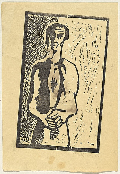 Title: b'not titled [portrait of man with cross around neck]' | Date: 1950s-60s | Technique: b'linocut, printed in black ink, from one block'