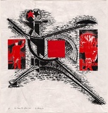 Artist: b'Debenham, Pam.' | Title: b'New economic man down under.' | Date: 1986-87 | Technique: b'linocut, printed in black ink, from one block; screenprint, printed in colour, from multiple stencils'