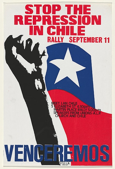 Artist: b'Mackay, Jan' | Title: b'Stop the repression in Chile: Venceremos [Rally Sydney 11 September 1975]' | Date: 1975 | Technique: b'screenprint, printed in colour, from multiple stencils'