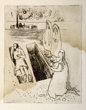 Artist: b'Barwell, Jennifer.' | Title: b'(The death of Lazarus).' | Date: (1955) | Technique: b'softground etching and aquatint printed in brown ink from one  plate'