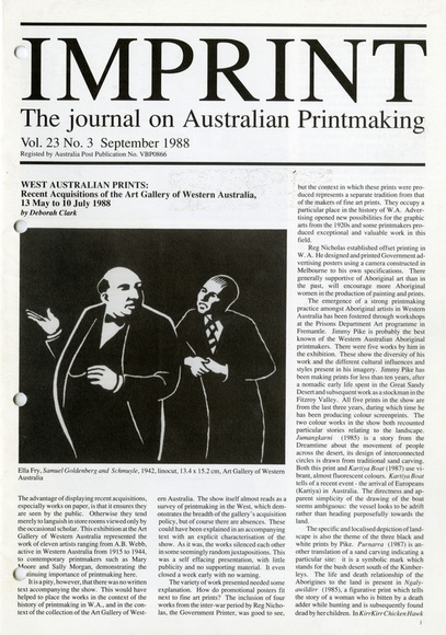 Artist: b'PRINT COUNCIL OF AUSTRALIA' | Title: b'Periodical | Imprint. Melbourne: Print Council of Australia, vol. 23, no. 3,  1988' | Date: 1998