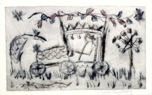 Artist: b'Buckley, Sue.' | Title: b'not titled [Christmas card to Daniel Thomas].' | Date: c.1965 | Technique: b'etching, printed in black ink, from one plate; hand-coloured' | Copyright: b'This work appears on screen courtesy of Sue Buckley and her sister Jean Hanrahan'