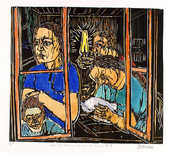 Artist: b'ZOFREA, Salvatore' | Title: b'Letters from Australia are read to woman.' | Date: 1989 | Technique: b'woodcut, printed in black, from one block; hand-coloured' | Copyright: b'\xc2\xa9 Salvatore Zofrea, 1989'
