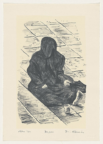 Artist: b'AMOR, Rick' | Title: b'Beggar' | Date: 1992, May | Technique: b'lithograph, printed in colour, from two plates' | Copyright: b'Image reproduced courtesy the artist and Niagara Galleries, Melbourne'