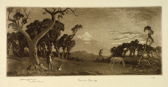 Artist: b'LINDSAY, Lionel' | Title: b'Evening camp' | Date: 1924 | Technique: b'aquatint, printed in brown ink, from one copper plate' | Copyright: b'Courtesy of the National Library of Australia'