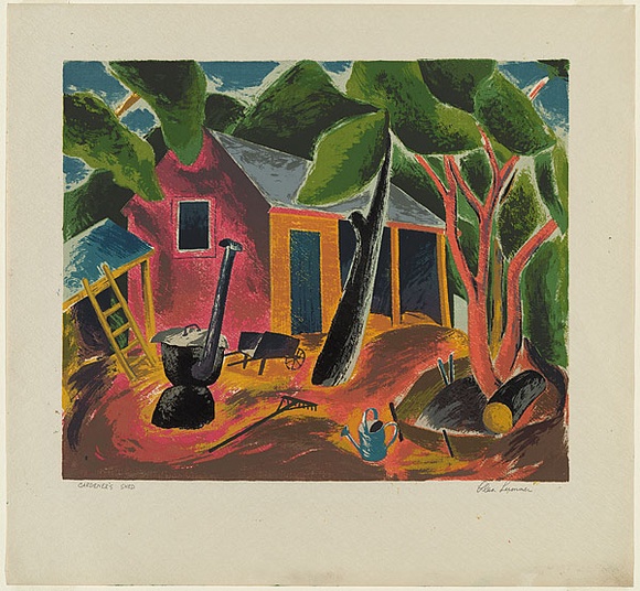 Artist: b'Sumner, Alan.' | Title: bGardener's shed | Date: c.1947 | Technique: b'screenprint, printed in colour, from 14 stencils'