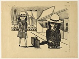 Artist: b'Blackman, Charles.' | Title: b'Schoolgirls with suitcase.' | Date: (1953) | Technique: b'lithograph, printed in black ink, from one zinc plate'