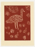 Artist: b'Bird Petyarre, Ada.' | Title: b'Emu and chicks' | Date: 1991 | Technique: b'linocut, printed in red ink, from one block' | Copyright: b'\xc2\xa9 Ada Bird Petyarr. Licensed by VISCOPY, Australia'