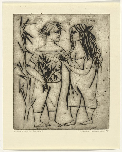 Artist: b'HANRAHAN, Barbara' | Title: b'Lovers on the seashore' | Date: 1961 | Technique: b'drypoint, printed in black ink, from one plate'
