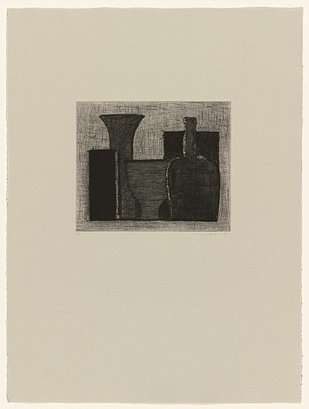 Title: b'not titled [still life with bottle and vase]' | Date: 1987 | Technique: b'etching, printed in black ink, from one plate'