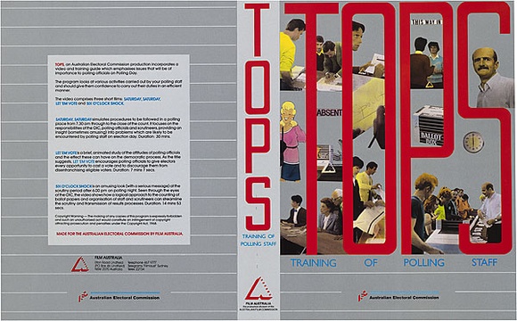 Artist: b'REDBACK GRAPHIX' | Title: b'Folder cover: TOPS (Training of polling staff)' | Date: 1986 | Technique: b'offset-lithograph, printed in colour'