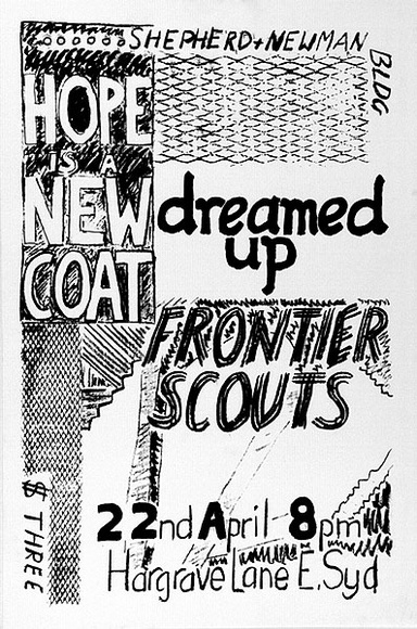 Artist: b'MERD INTERNATIONAL' | Title: b'Poster: Hope is a new coat; Dreamed up; Frontier scouts.: Shepherd + Newman  Building' | Date: c.1985 | Technique: b'screenprint'