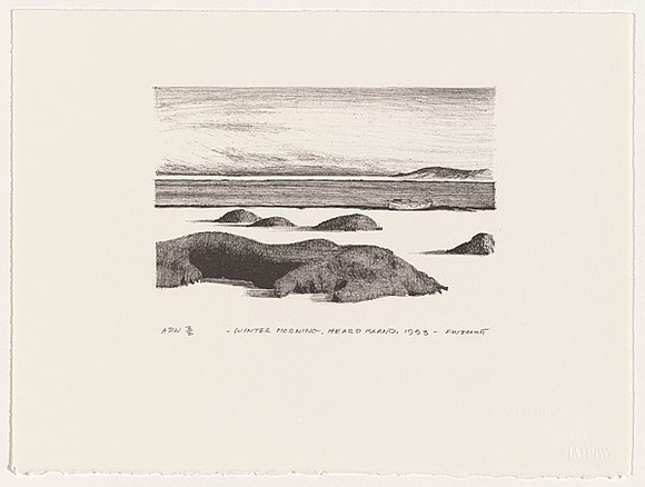 Artist: b'Elliott, Fred W.' | Title: b'Winter morning, Heard Island, 1953' | Date: 1997, February | Technique: b'photo-lithograph, printed in black ink, from one stone' | Copyright: b'By courtesy of the artist'