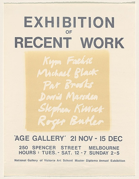 Artist: b'Marsden, David' | Title: b'Exhibition of recent work. Age Gallery, Melbourne' | Date: 1972 | Technique: b'woodblock and screenprint, printed in colour, from multiple stencils'