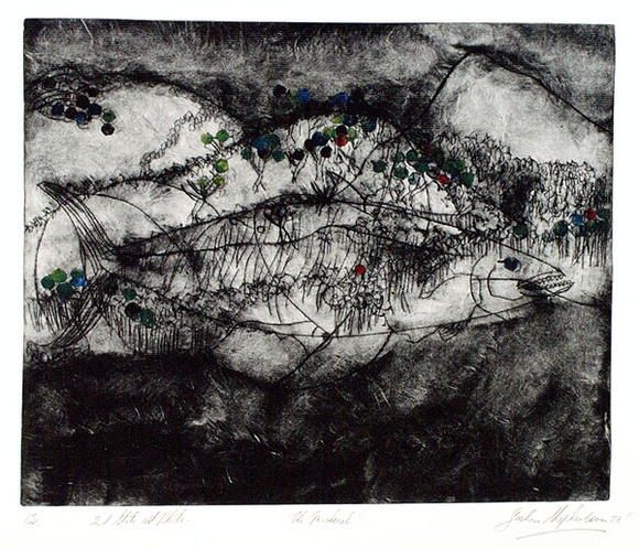 Artist: b'Shepherdson, Gordon.' | Title: b'The Mackerel: Number twelve' | Date: 1979 | Technique: b'etching and aquatint, printed in colour with plate-tone, from one plate'