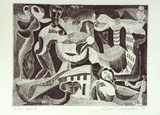 Artist: Birmingham, Richard. | Title: not titled (swirling figures and buildings) | Date: 1989 | Technique: etching, printed in black ink, from one plate