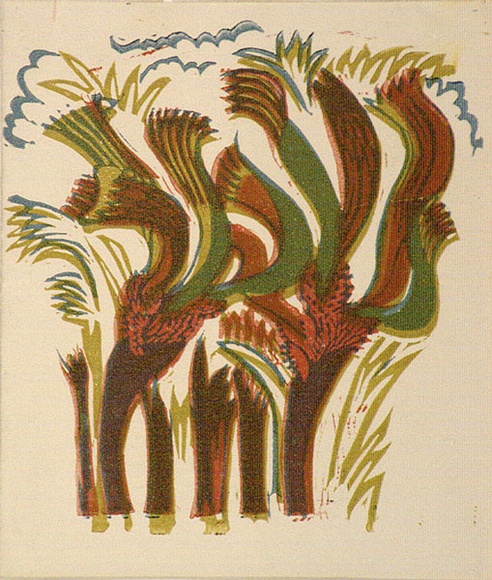 Artist: b'OGILVIE, Helen' | Title: b'Greeting card: Kangaroo paw. (Print designed as christmas card)' | Date: c.1951 | Technique: b'linocut, printed in colour, from multiple blocks'