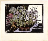 Artist: b'PRESTON, Margaret' | Title: b'The bowl' | Date: c.1935 | Technique: b'woodcut, printed in black ink, from one block; hand-coloured' | Copyright: b'\xc2\xa9 Margaret Preston. Licensed by VISCOPY, Australia'