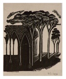 Artist: b'OGILVIE, Helen' | Title: b'(Church shell and trees)' | Date: 1956 | Technique: b'wood-engraving, printed in black ink, from one block'