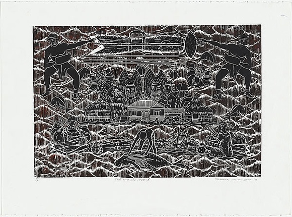 Artist: b'Baira, Fred William.' | Title: b'Past and the present.' | Date: 1997 | Technique: b'linocut, printed in black ink, from one block; hand coloured a la coupe [wet on wet technique]' | Copyright: b'\xc2\xa9 Frederick William Baira'