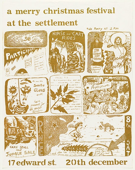 Artist: b'WORSTEAD, Paul' | Title: b'A Merry Christmas festival at the Settlement' | Date: 1975 | Technique: b'screenprint' | Copyright: b'This work appears on screen courtesy of the artist'