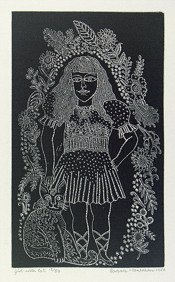 Artist: b'HANRAHAN, Barbara' | Title: b'Girl with cat' | Date: 1980 | Technique: b'relief-etching, printed in black ink, from one plate'