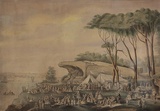 Title: Picnic at Mrs Macquarie's chair | Date: c.1870 | Technique: lithograph, printed in black ink, from one stone; hand-coloured in watercolour