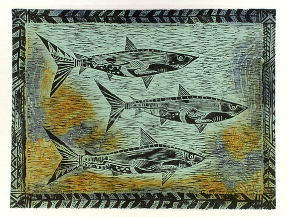 Artist: b'JENUARRIE,' | Title: b'The sharks' | Date: 1990 | Technique: b'linocut, printed in colour, from four blocks'