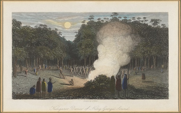 Title: bKangaroo dance of King George's Sound | Date: c.1845 | Technique: b'engraving, printed in black ink, from one plate; hand-coloured at a later date'