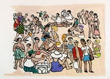 Artist: b'Allen, Joyce.' | Title: b'The large ladies.' | Date: 1987 | Technique: b'linocut, printed in black ink, from one block; hand-coloured'