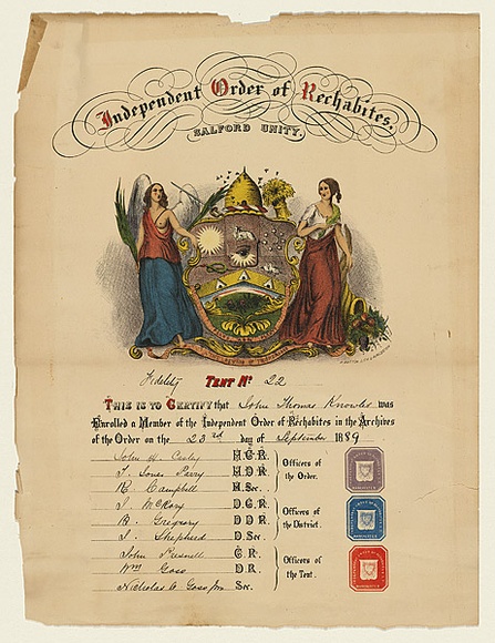 Artist: b'Button, Henry.' | Title: b'Certificate for the independent Order of Rechabites.' | Date: 23 September 1889 | Technique: b'lithograph, printed in colour, from multiple stones'