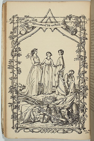 Artist: b'STRUTT, William' | Title: b'not titled [Emblematical sketch of the four colonies].' | Date: 1850 | Technique: b'lithograph, printed in black ink, from one stone'