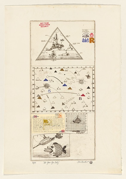 Title: b'For your eyes only' | Date: 1980 | Technique: b'etching, printed in brown ink, from one plate; stamped in colour, from multiple blocks; collaged additions'