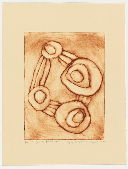 Artist: b'Tjampitjinpa Wamaar, Pegleg.' | Title: b'Tingari at Yumari #1' | Date: 2004 | Technique: b'drypoint etching, printed in brown ink, from one perspex plate'