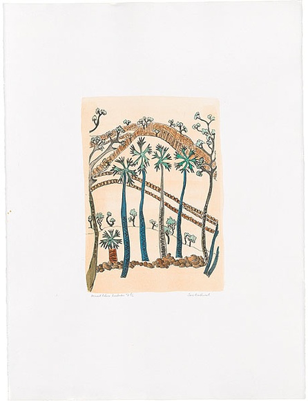 Artist: b'Bradhurst, Jane.' | Title: b'Ancient palms, Kimberley WA.' | Date: 1997 | Technique: b'lithograph, printed in black ink, from one stone; hand-coloured in watercolour'