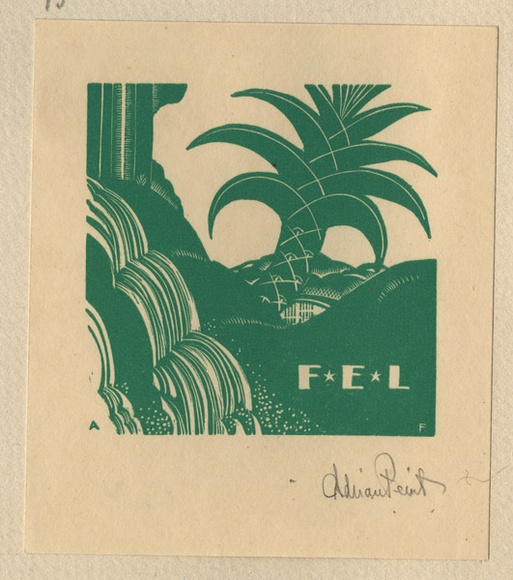 Artist: b'FEINT, Adrian' | Title: b'Bookplate: F E L [Frank E. Lane].' | Date: (1934) | Technique: b'wood-engraving, printed in green ink, from one block' | Copyright: b'Courtesy the Estate of Adrian Feint'
