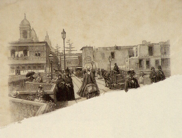 Artist: b'Berkeley Public School.' | Title: b'(Street scene in South America)' | Date: 1886-88 | Technique: b'wood-engraving, printed in black ink, from one block'